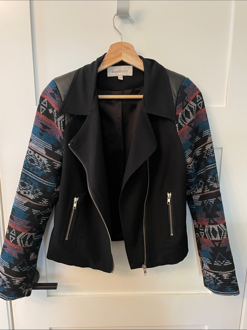 Daniel Rainn Black Moto Jacket with Multicolor Tribal Pattern Sleeves